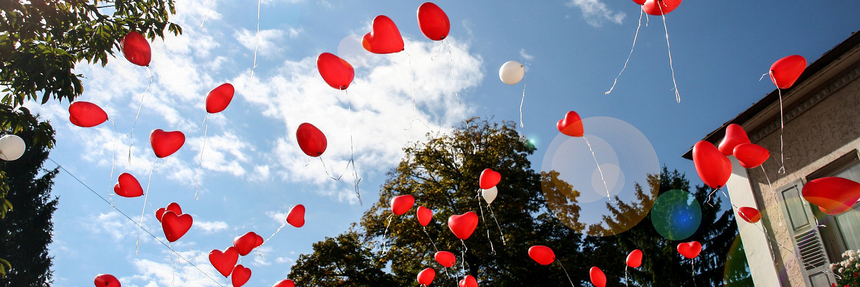 En massa ballonger i form av hjärtan som flyger upp i luften