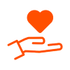 En orange ritad hand där handflatan är uppåt. Ovanför är det ett orange hjärta ritat. 