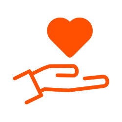 En ritad orange hand med handflatan uppåt där ett orange hjärta är ritat ovanför 