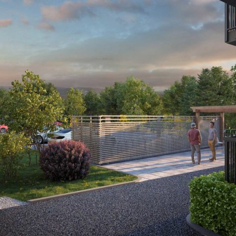 En uteplats med stenar och grönskande träd