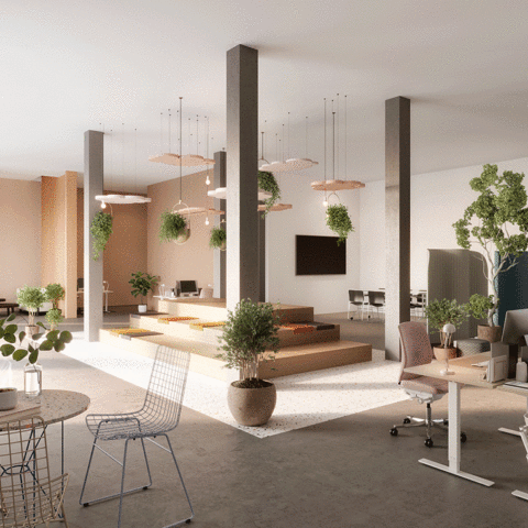 En kontorslokal med pelare från golv till tak