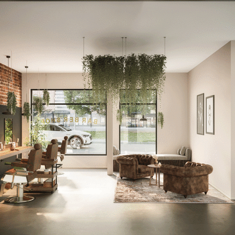 En barbershop med gröna växter i taket