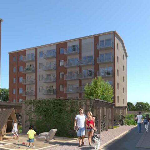 Ett hyreshöghus i rött och vitt. Man ser några lekande barn, en man och en kvinna är ute och går med sin hund.