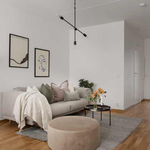 Ett ljust vardagsrum med en soffa och matta