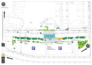 En ritad karta över ett studentområde i Malmö. Här ser man gatunamn, utmärkta parkeringsplats med mera