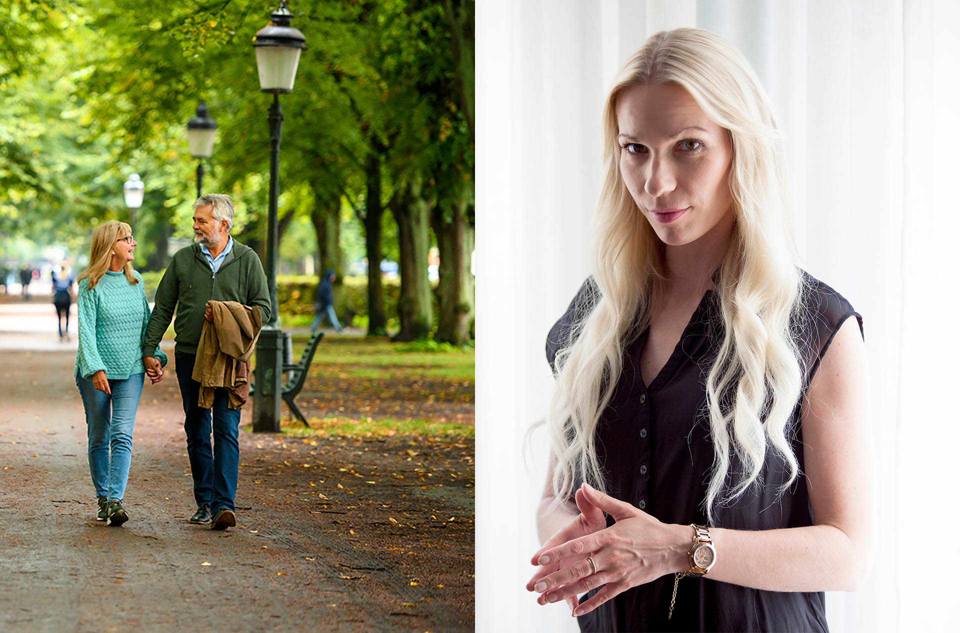 Ett äldre par går längst en gångväg i en park och på bilden bredvid är det en närbild på en blond kvinna