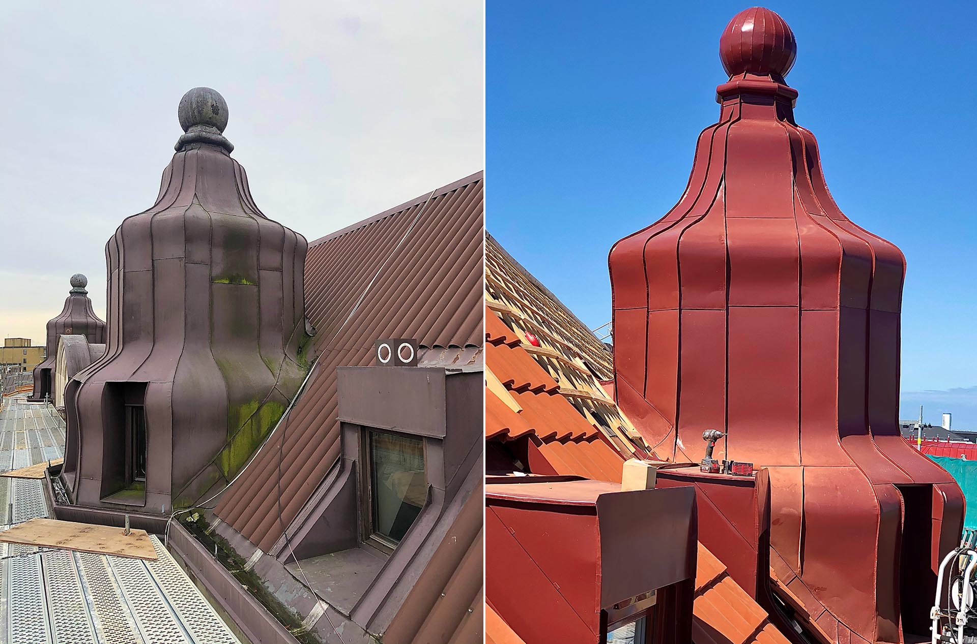 En före och efterbild på hur en kupol ser ut