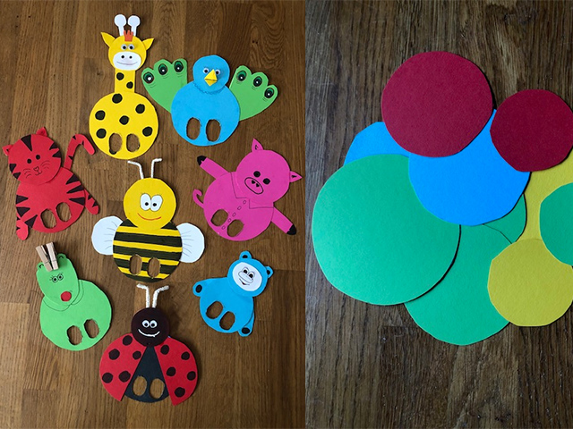 Fingerfigurer av björn, humla, giraff och fågel.