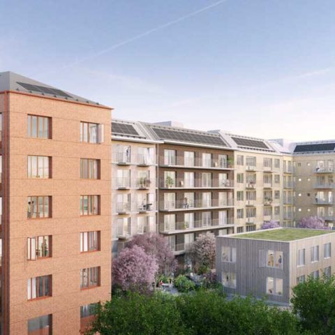 En ritad bild på några bostadshus