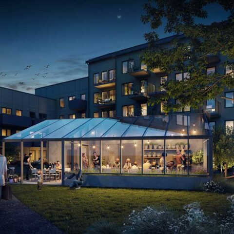 Ett orangeri taget på kvällen när det är mörkt