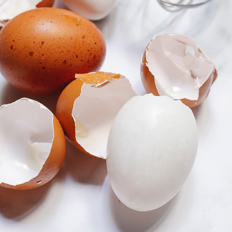 Ett helt brunt ägg och några bruna och vita äggskal ligger på en vit duk.