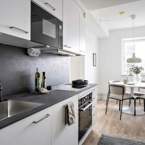 Ett vitt kök med svart kakel