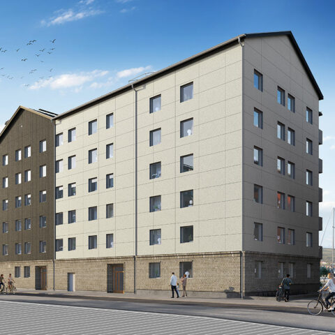 Vy av vinkelhusets fasad mot barkrigsgatan