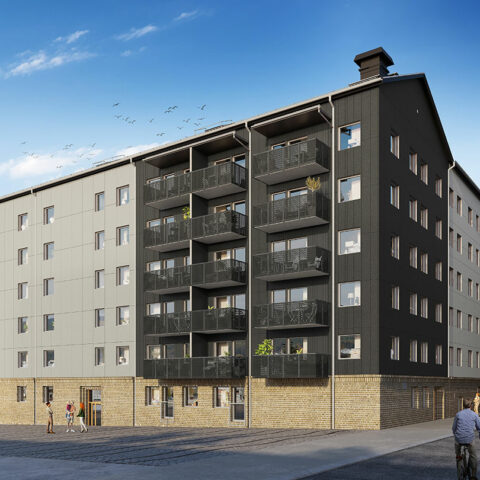 vinkelhuset med sina mörgrå balkonger, vy från Krejaregatan
