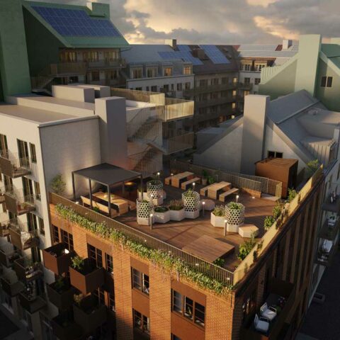 Husfasad i kvällsmörker