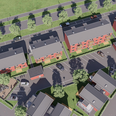 Ett flygfoto över en massa bostadshus