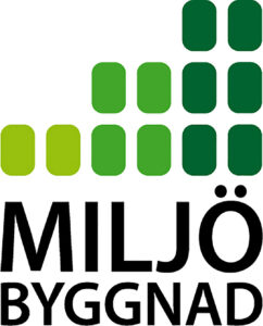 En grön och svart logo som det står Miljöbyggnad på