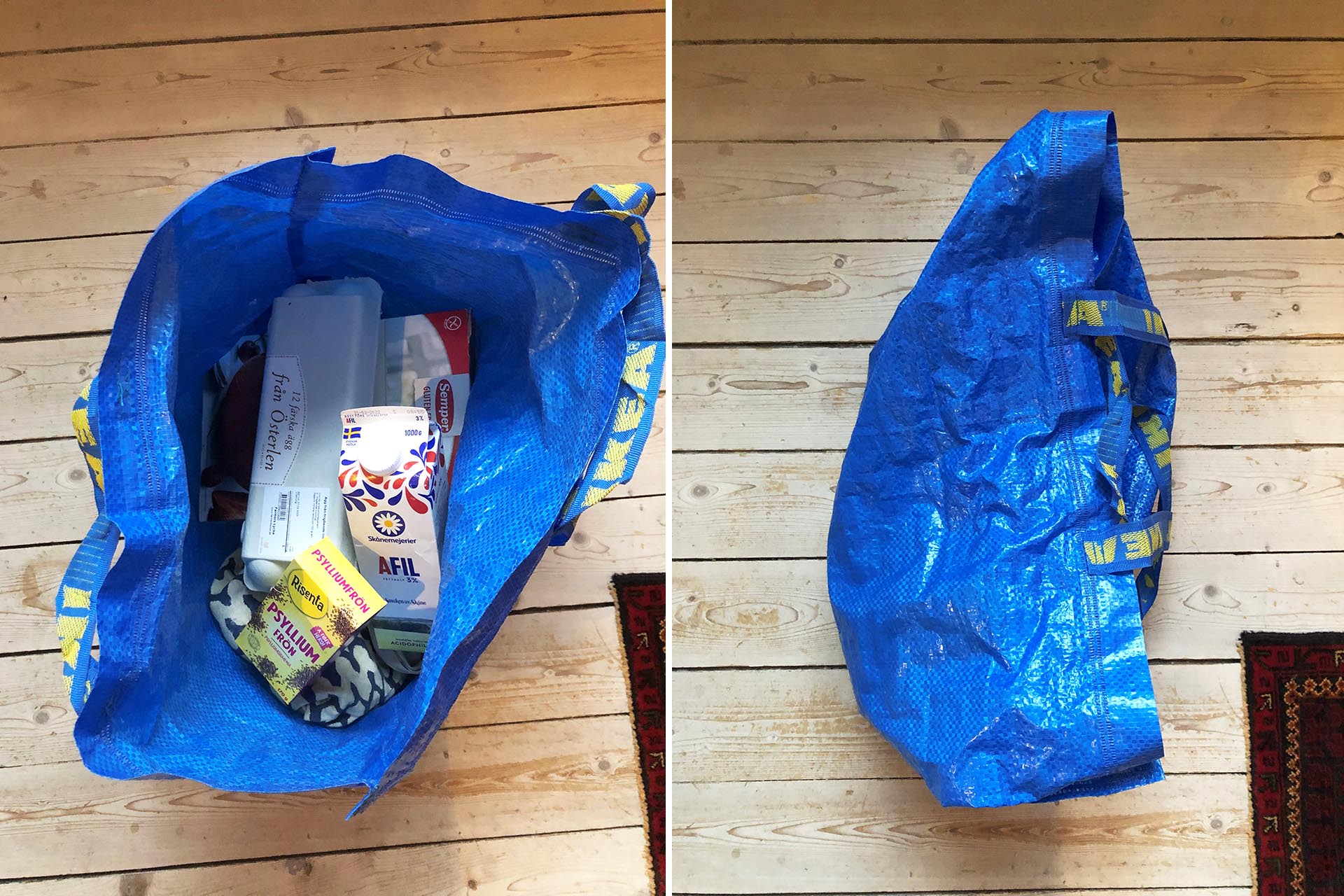 En blå plastkasse från IKEA som det ligger olika förpackningar i. Påsen står på ett slitet trägolv