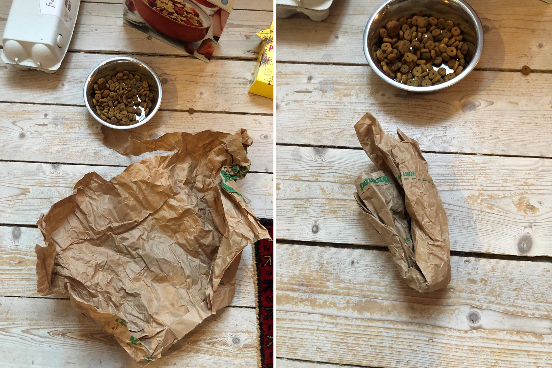 En tom papperspåse ligger på ett trägolv. Bredvid är det en skål med hundgodis.