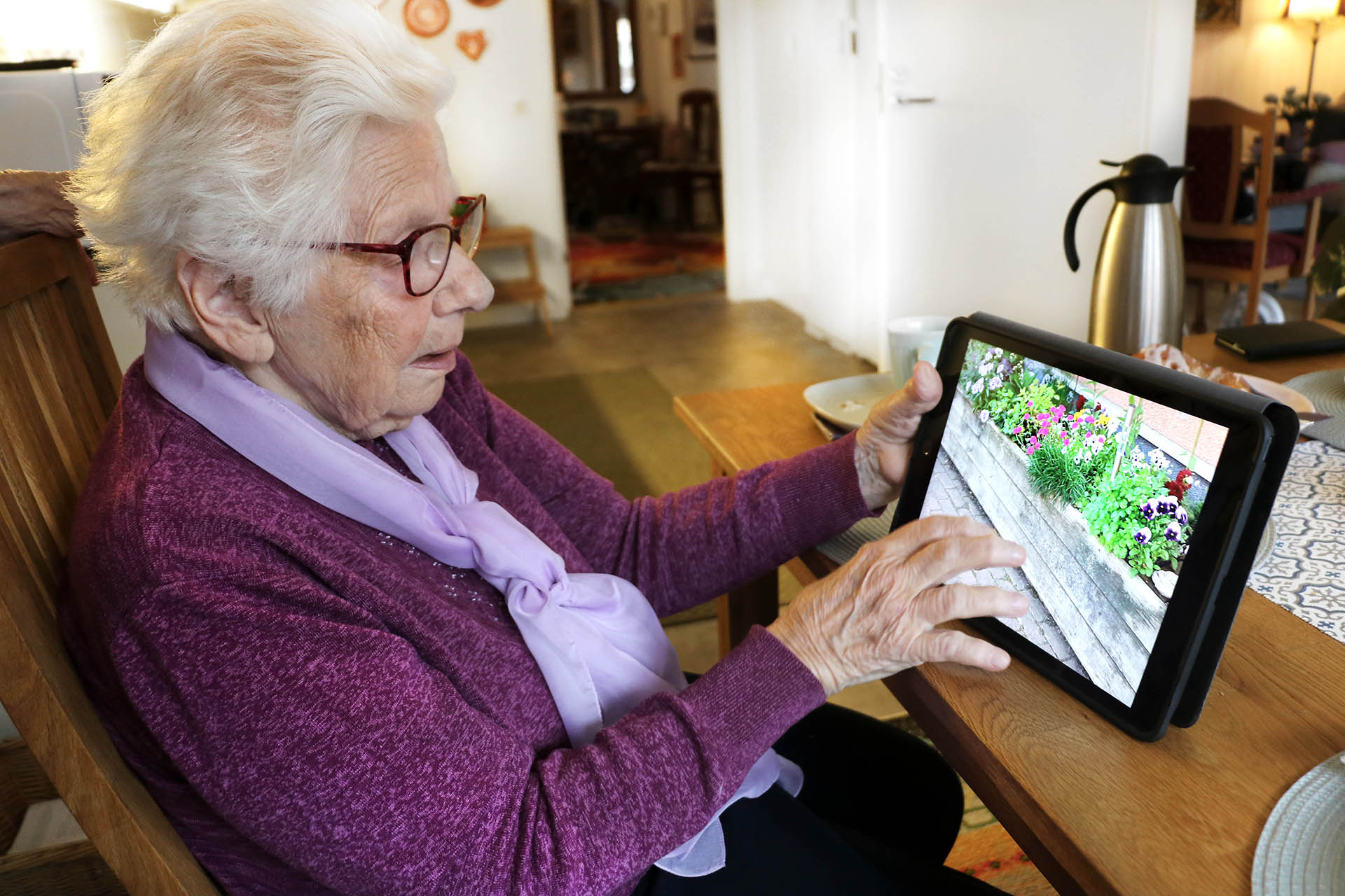 En gammal kvinna sitter vid sitt köksbord på en trästol och tittar på en bild på hennes iPad.