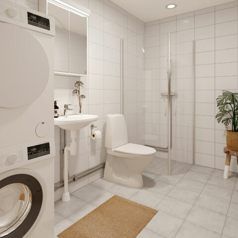 Helkaklat Badrum med tvättpelare och dusch