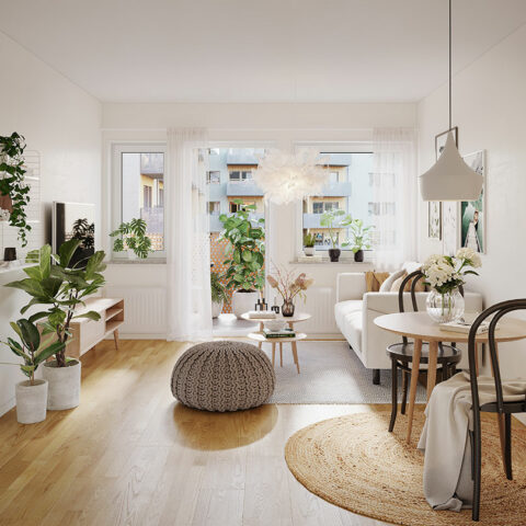 Vardagsrum och matplats med ekparkett och vita väggar och utgång till balkong