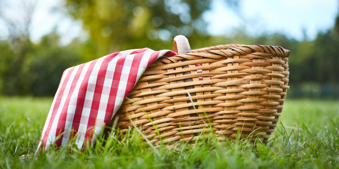 En picknickkorg i rotting som står i ett grönt gräs och med en röd-vit-rutig duk i sig