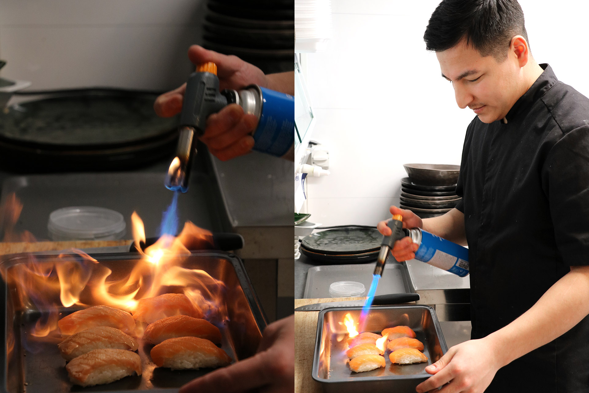 En kille med svart kocktröja står och bränner sushibitar med en liten brännare