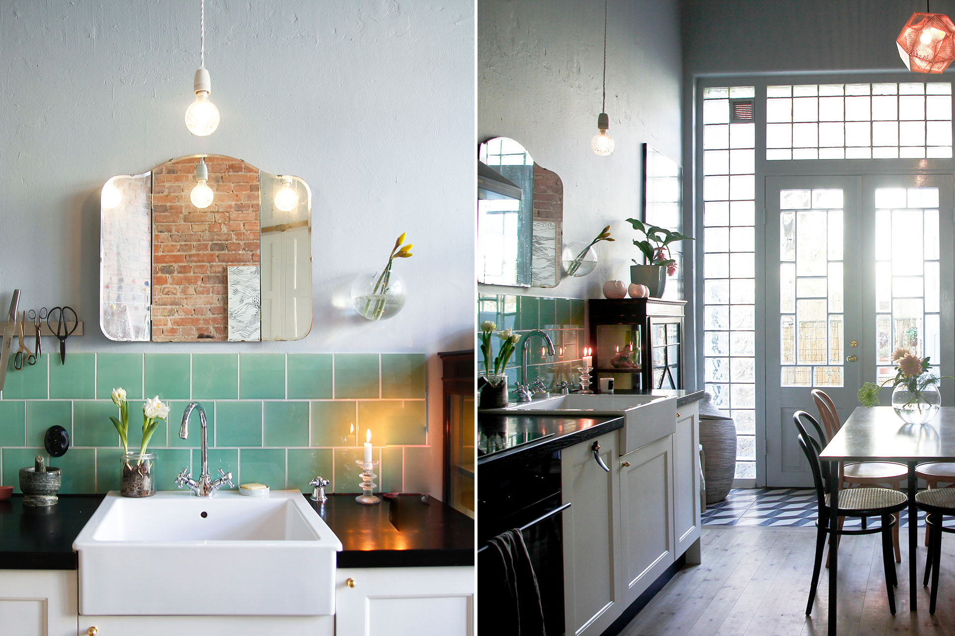 Ett kök med turkost kakel en spegel på väggen med en glödlampa hängandes framför