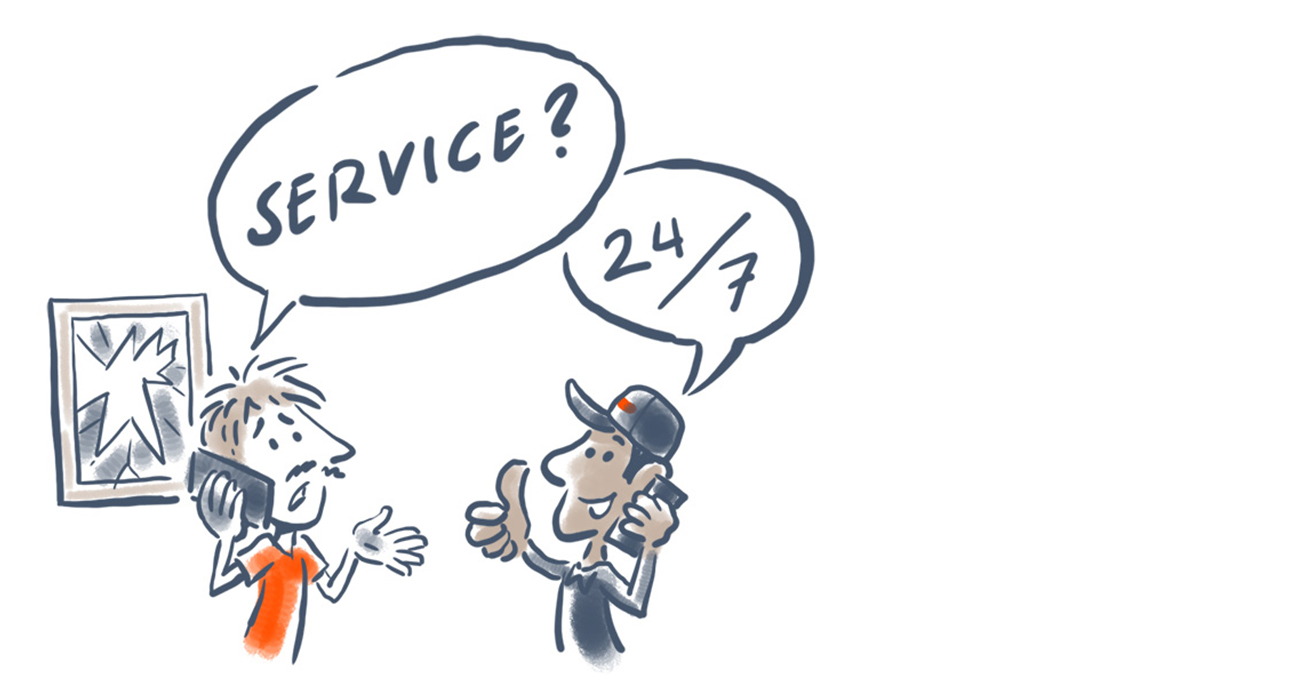 En tecknad bild på två personer som står bredvid varandra och talar i telefonen. Ovan är det två pratbubblor som det står service och 24/7 i.