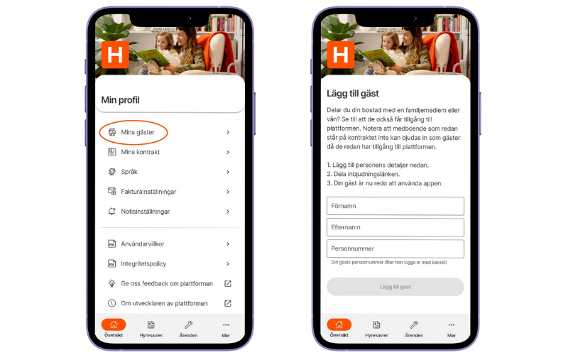 Skärmdumpar som visar hur sidan för gästanvändare ser ut i Heimstadens Boendeapp