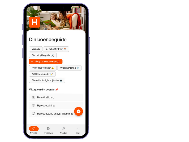 Skärmdump som visar hur sidan för din boendeguide ser ut i Heimstadens Boendeapp