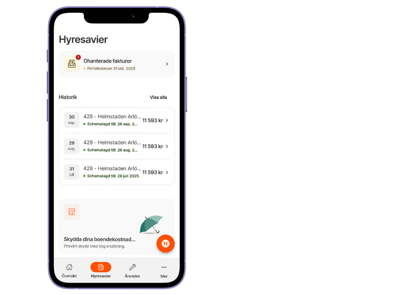 Skärmdump som visar hur sidan för hyresavier ser ut i Heimstadens Boendeapp