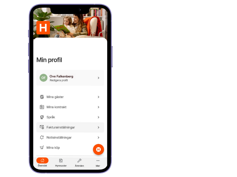 Skärmdump som visar hur sidan för min profil ser ut i Heimstadens Boendeapp