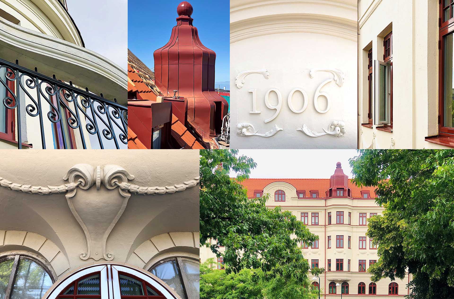 A collage of several details of buildnings with an old-fashioned charm