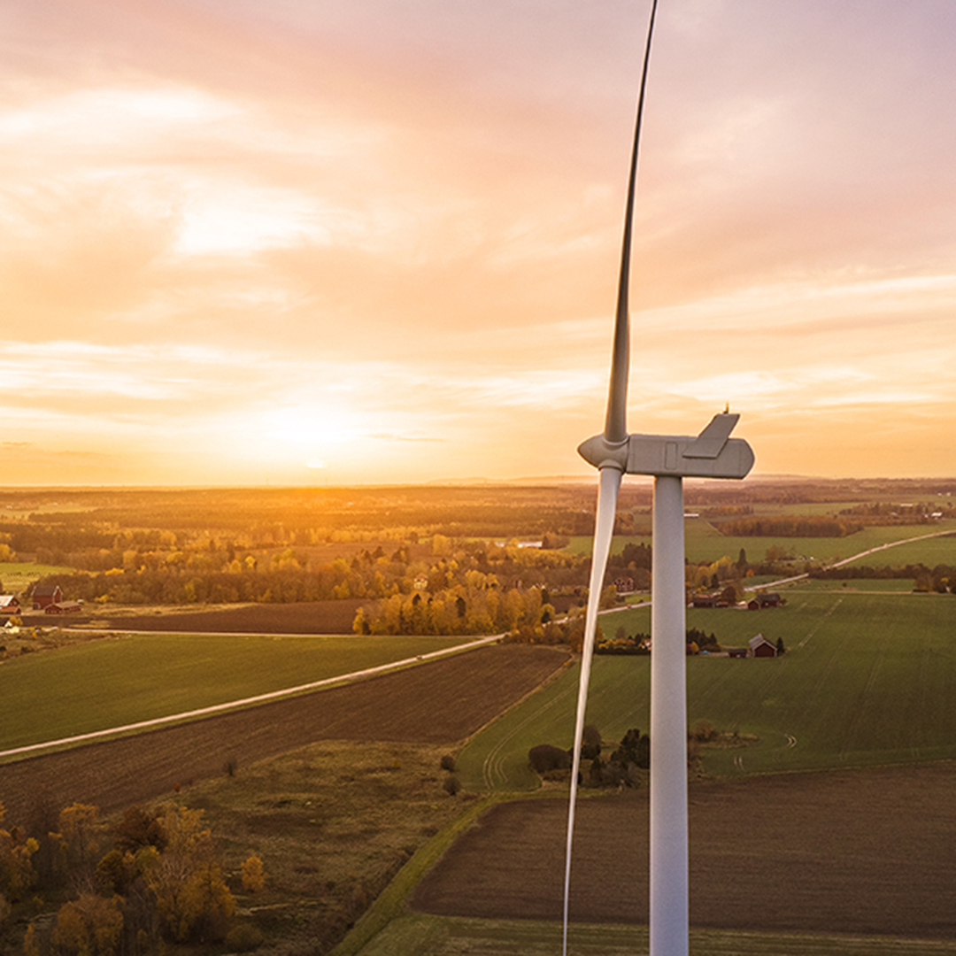 En närbild på ett vindkraftverk i solnedgången. Gröna åkrar med sommarkänsla syns i bakgrunden.