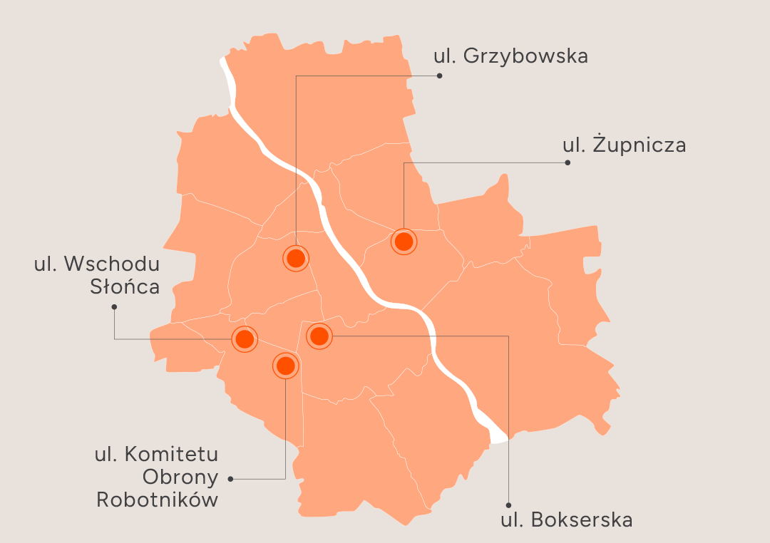 Mapa Warszawy z zaznaczonymi osiedlami