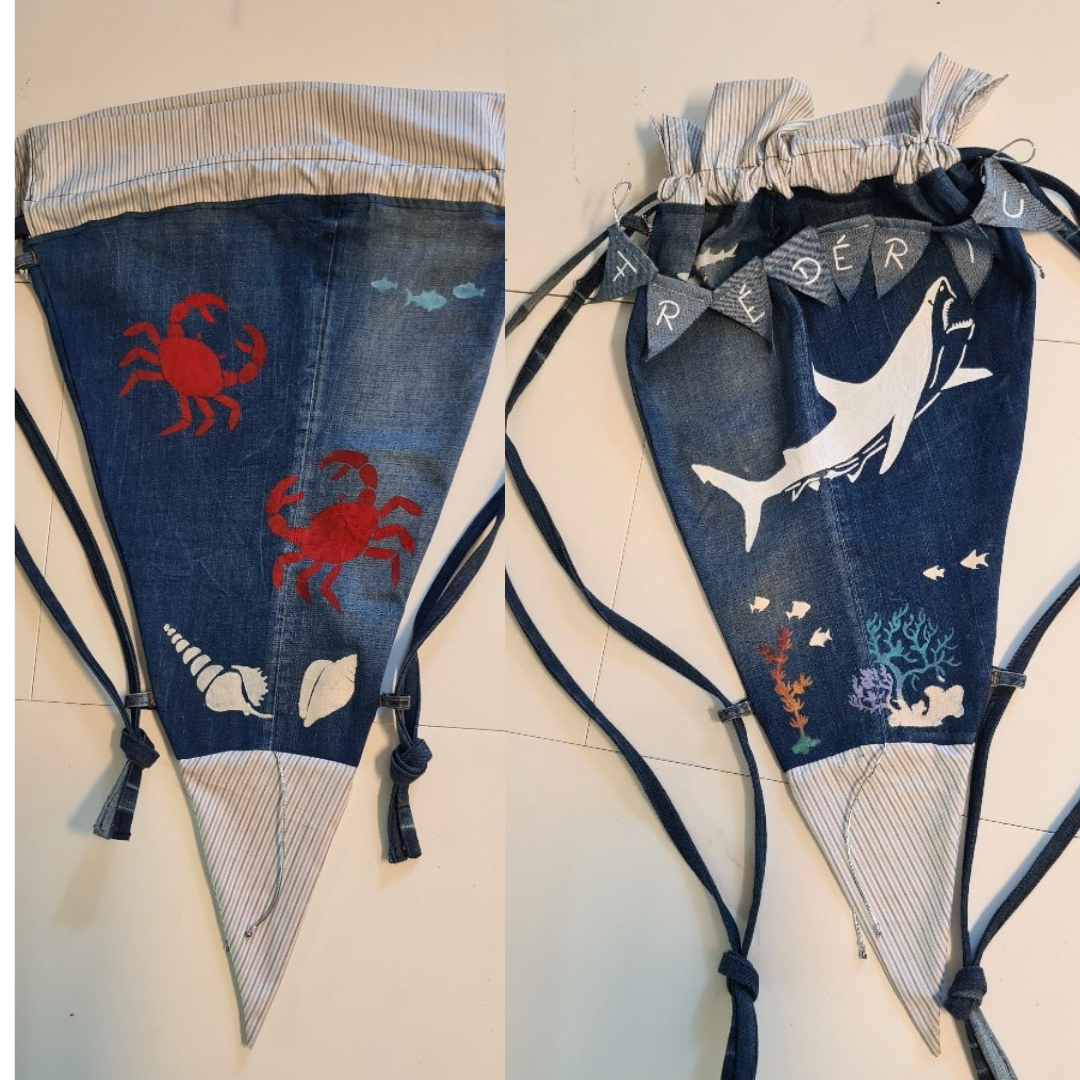 Upcycling alte Jeas uns Stoffreste, bemalte Schultuetentasche