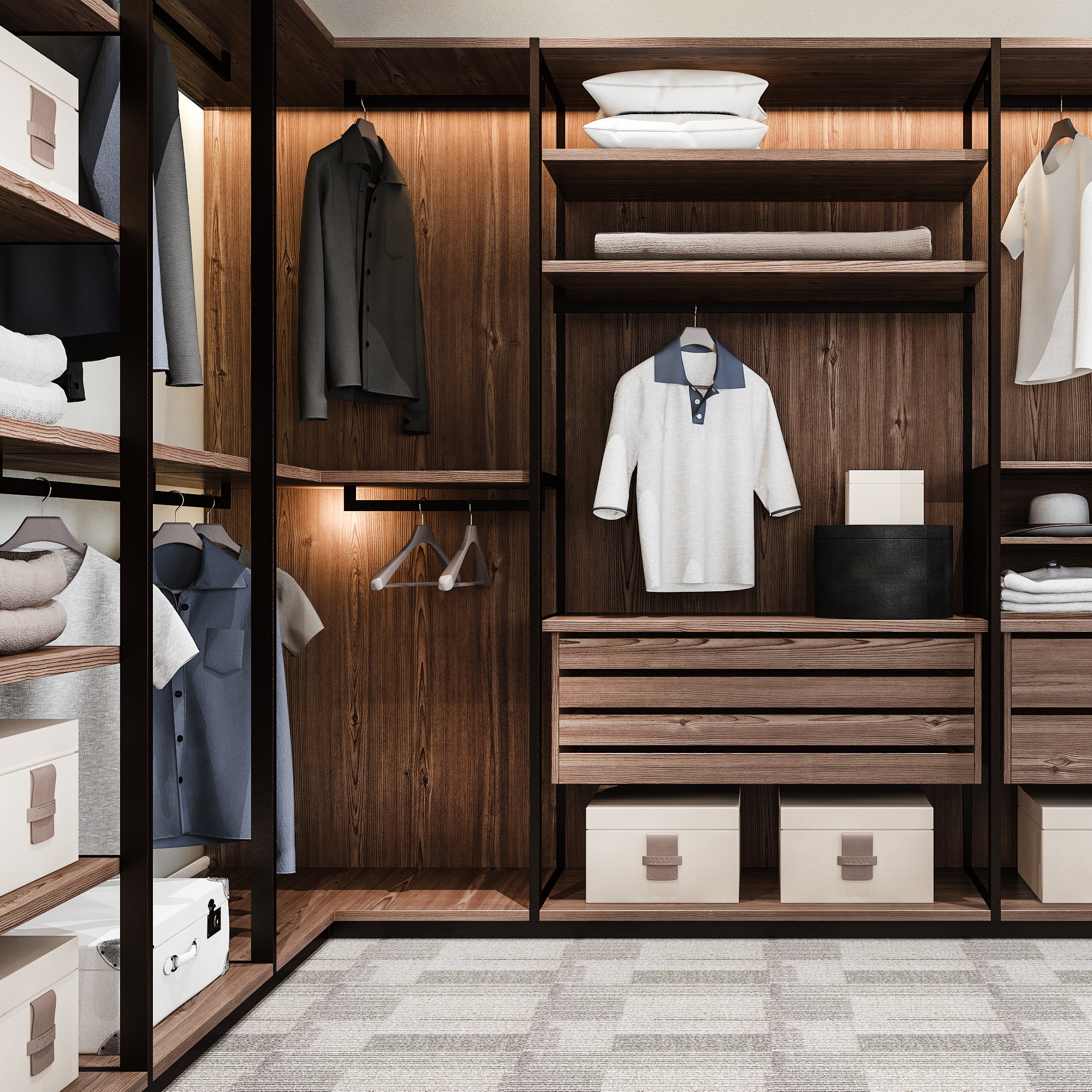 minimal scandinavian wood walk in closet with wardrobe