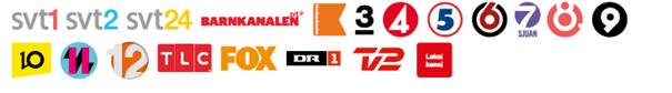 En bild där man ser olika tv-kanalers logotyper. Allt från SVT till kanal 4 och så vidare. 